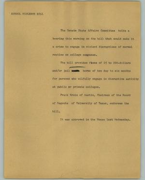 Primary view of object titled '[News Script: School violence bill]'.