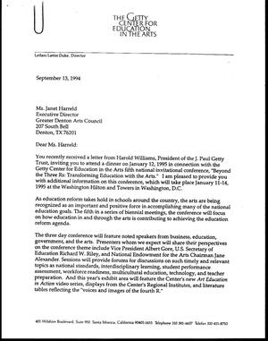Primary view of object titled '[Letter from Leilani Lattin Duke to Janet Harreld, September 13, 1994]'.