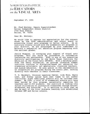 Primary view of object titled '[Letter from Bill McCarter and Nancy Cason to Chad Woolery, September 27, 1991]'.