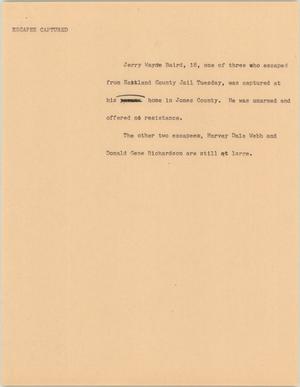 Primary view of object titled '[News Script: Escapee captured]'.
