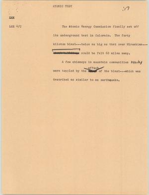 Primary view of object titled '[News Script: Atomic Test]'.