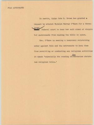 Primary view of object titled '[News Script: Folo Astronauts]'.