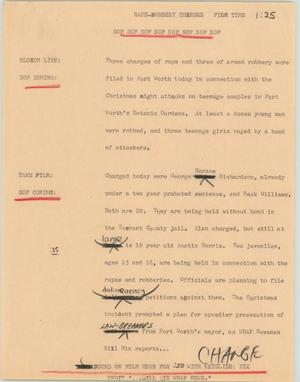 Primary view of object titled '[News Script: Sexual assult / robbery charges]'.