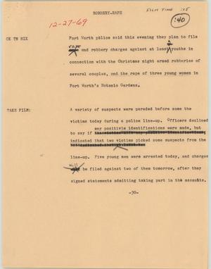Primary view of object titled '[News Script: Robbery and rape]'.