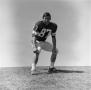 Photograph: [Football player #87 bent into 2nd position on a grass incline]