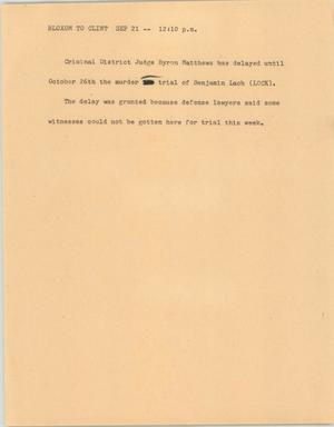 Primary view of object titled '[News Script: Murder trial delay]'.