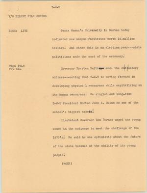 Primary view of object titled '[News Script: Texas Woman's University]'.