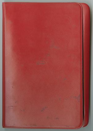 Primary view of object titled '[Red notebook detailing Claudia Betti's artwork]'.