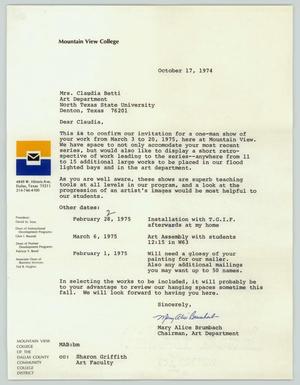 Primary view of object titled '[Letter from Mary Alice Brumbach to Claudia Betti, October 17, 1974]'.