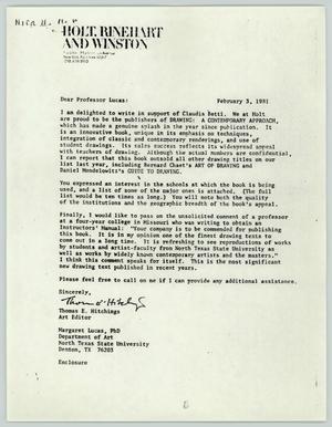 Primary view of object titled '[Letter from Thomas E. Hitchings to Professor Lucas, February 3, 1981]'.