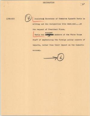 Primary view of object titled '[News Script: Resignation]'.