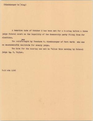 Primary view of object titled '[News Script: Wischkaemper hearing]'.