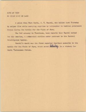 Primary view of object titled '[News Script: FW pilot shot in Laos]'.
