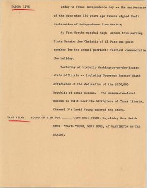 Primary view of object titled '[News Script: Texas Independence day]'.