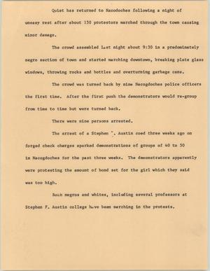 Primary view of object titled '[News Script: Protests quiet in Nacogdoches]'.