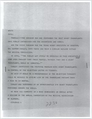 Primary view of object titled '[News Script: Dr. Denton Cooley]'.