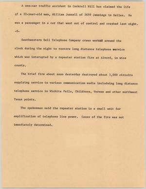 Primary view of object titled '[News Script: Car accident and Bell fire]'.