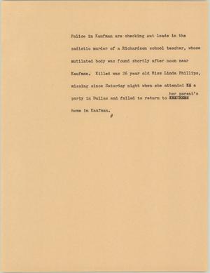 Primary view of object titled '[News Script: Phillips' investigation continues]'.