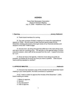 Primary view of object titled 'TDNA Board of Directors Meeting Agenda, July 13, 2006'.