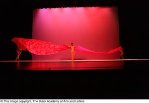 Primary view of object titled '[Photograph of dancers holding a large piece of red fabric on stage]'.