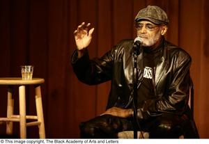 Primary view of object titled '[Photograph of Melvin Van Peebles giving a talk on stage at a film festival]'.