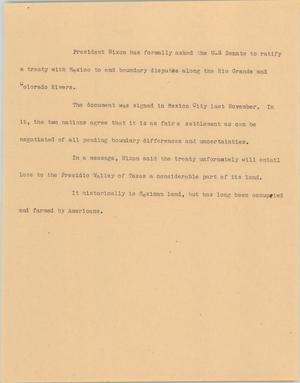 Primary view of object titled '[News Script: Treaty ratification]'.