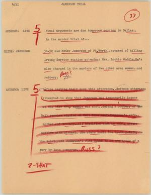 Primary view of object titled '[News Script: Jamerson trial]'.