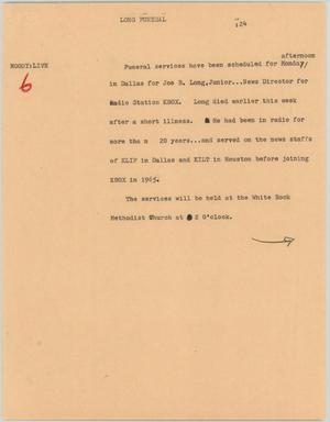 Primary view of object titled '[News Script: Long funeral]'.