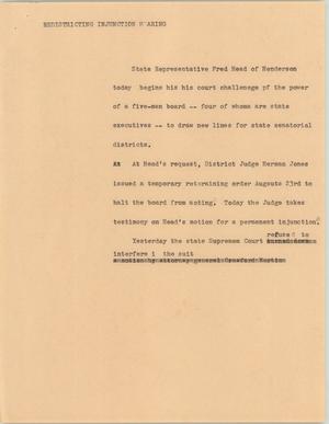 Primary view of object titled '[News Script: Redistricting injunction hearing]'.