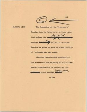 Primary view of object titled '[News Script: Calley's impact on America]'.