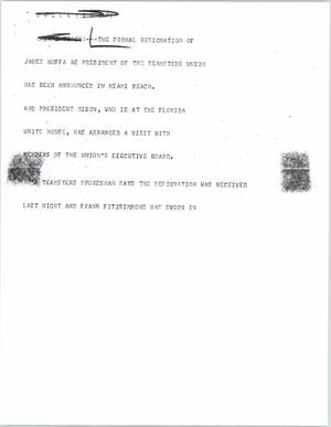 Primary view of object titled '[News Script: Hoffa resigns as president]'.