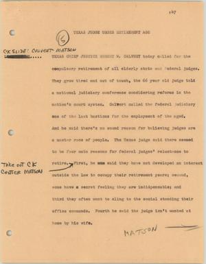 Primary view of object titled '[News Script: Texas judge urges retirement age]'.