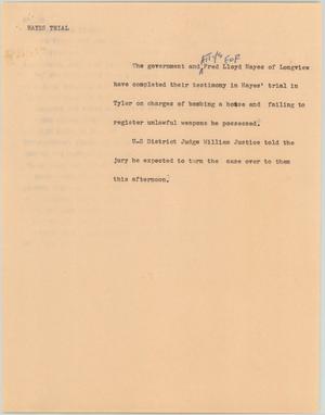 Primary view of object titled '[News Script: Hayes triak]'.
