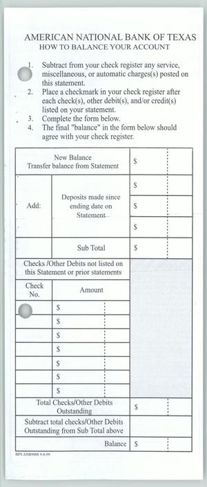 Primary view of object titled 'American National Bank of Texas "How to Balance Your Account"'.