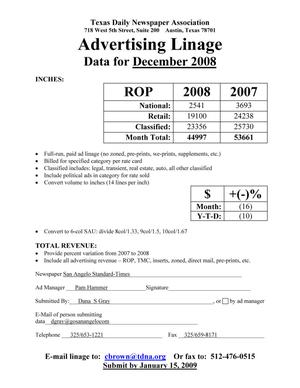 Primary view of object titled '[TDNA Advertising Linage Report for the San Angelo Standard-Times, December 2008]'.