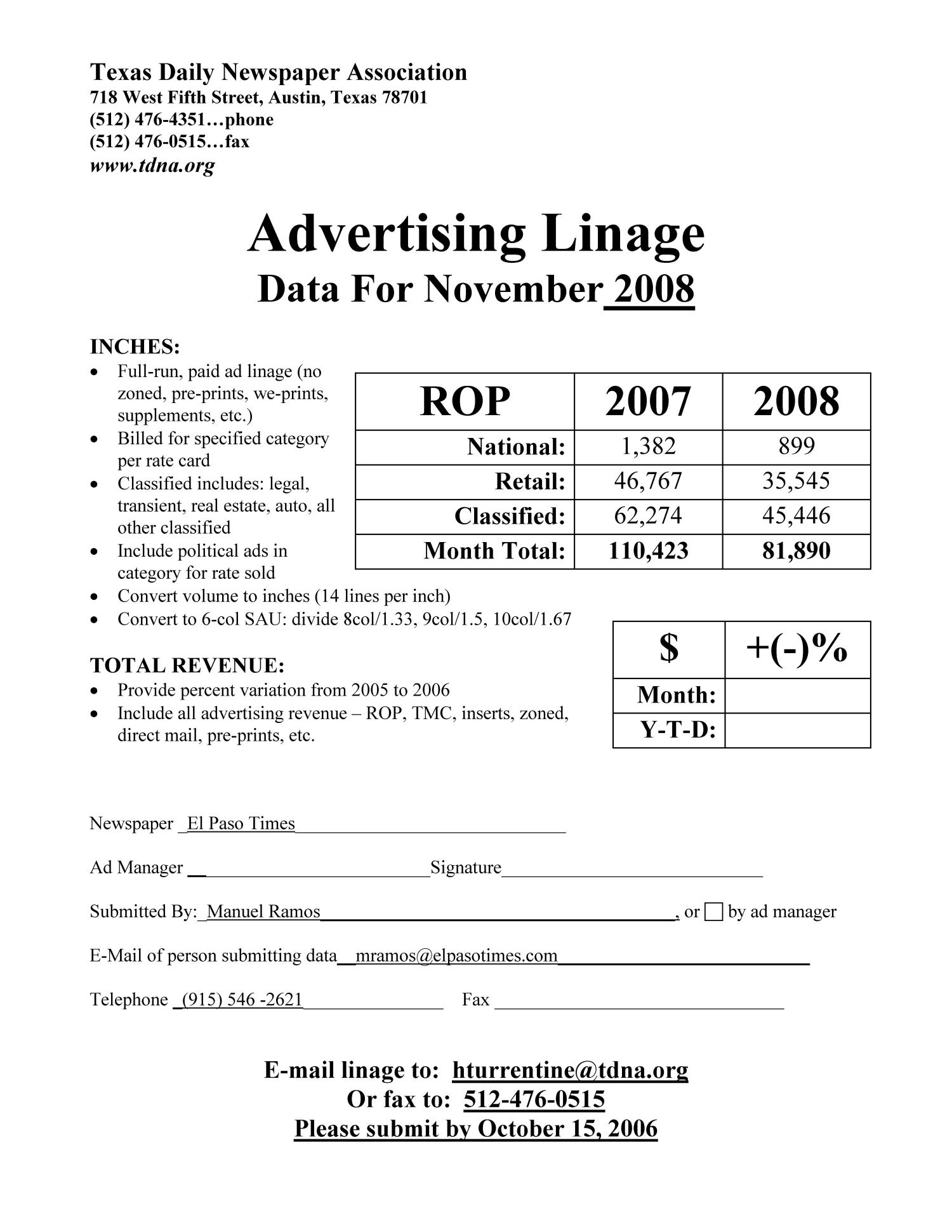 [TDNA Advertising Linage Report for the El Paso Times, November 2008]
                                                
                                                    [Sequence #]: 1 of 1
                                                