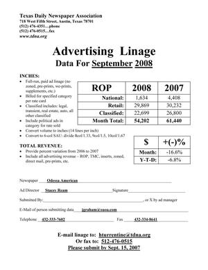 Primary view of object titled '[TDNA Advertising Linage Report for the Odessa American, September 2008]'.