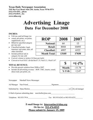 Primary view of object titled '[TDNA Advertising Linage Report for the Marshall News Messenger, December 2008]'.