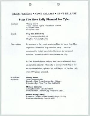 Primary view of object titled '[News Release: Stop the Hate Rally Planned for Tyler]'.