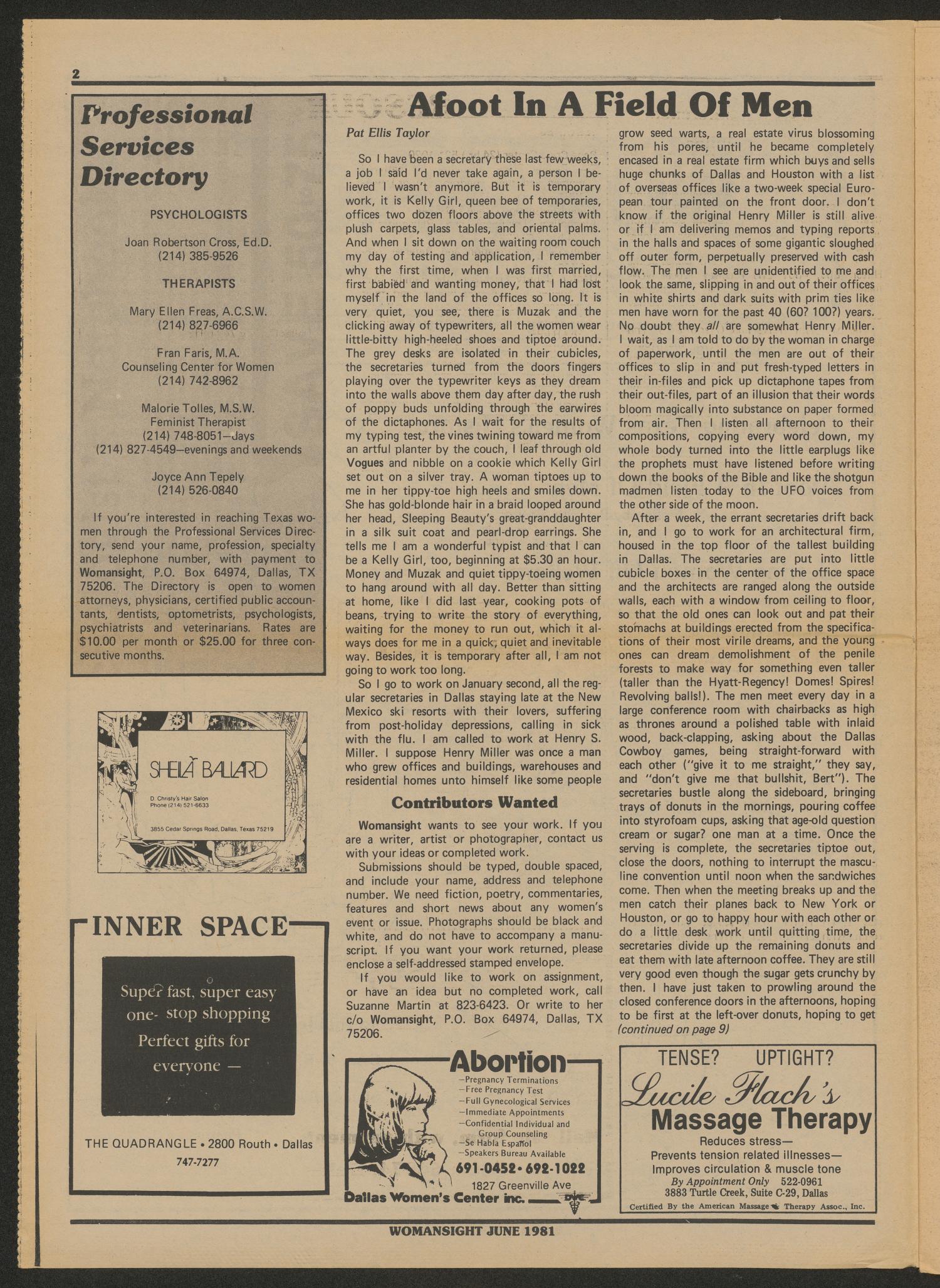 Womansight: News for North Texas Women, Volume 2, Number 1, June 1981
                                                
                                                    2
                                                