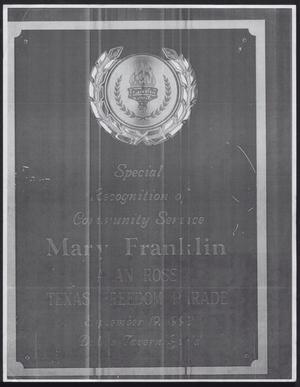 Primary view of object titled '[Copy of Alan Ross award to Mary Franklin by the Dallas Tavern Guild, September 19, 1999]'.