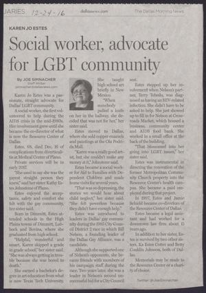 Primary view of [Clipping: Karen Jo Estes Social worker, advocate for LGBT community]