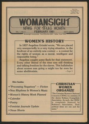 Primary view of object titled 'Womansight: News for North Texas Women, Volume 1, Number 9, February 1981'.