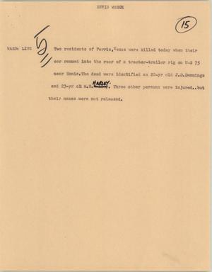 Primary view of object titled '[News Script: Ennis wreck]'.