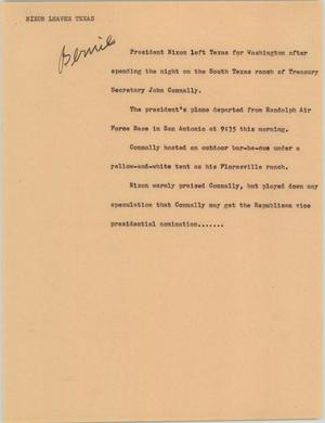 Primary view of object titled '[News Script: Nixon leaves Texas]'.