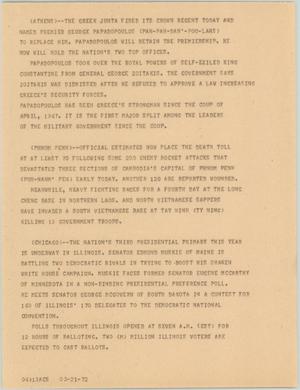 Primary view of object titled '[News Script: Papadopoulos/ Cambodia/ Illinois primary]'.