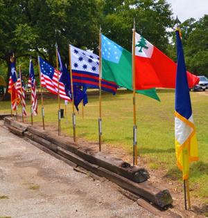 Primary view of object titled '[Chapter flags in wind at Jester Park]'.