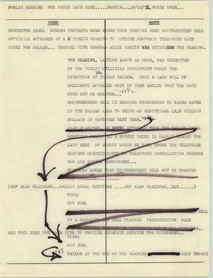 Primary view of object titled '[News Script: Public hearing for phone rate hike]'.