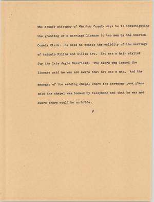Primary view of object titled '[News Script: Marriage license]'.