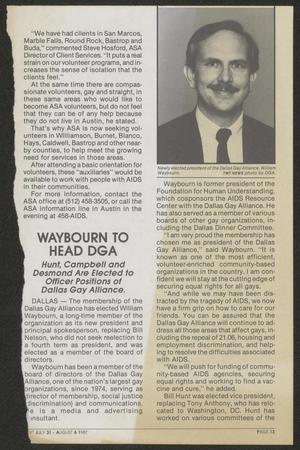 Primary view of object titled '[Clipping: Waybourn to head DGA: Hunt, Campbell, and Desmond are Elected to Officer Positions of Dallas Gay Alliance]'.